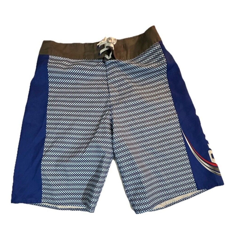 Bud Light Swim Trunks Men's 32 Blue Striped Board Shorts lace tie hook and loop